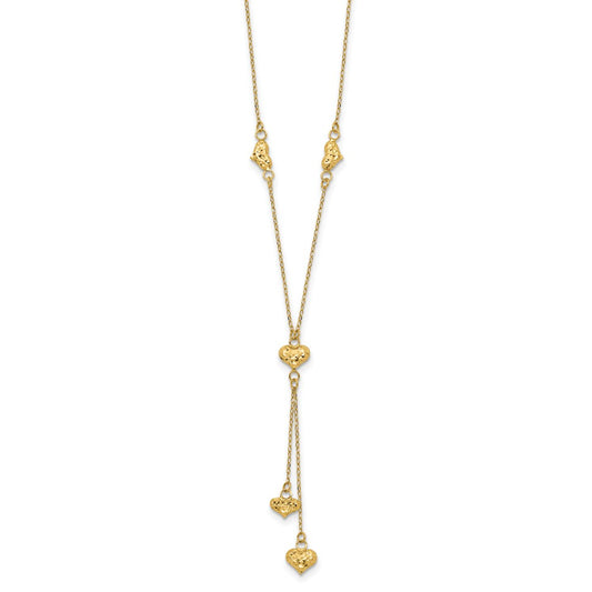 14k Polished Diamond-cut Puffed Hearts 16 inch Lariat Necklace Plus 2 inch Extender