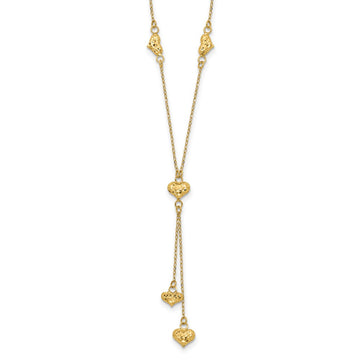 14k Polished Diamond-cut Puffed Hearts 16 inch Lariat Necklace Plus 2 inch Extender