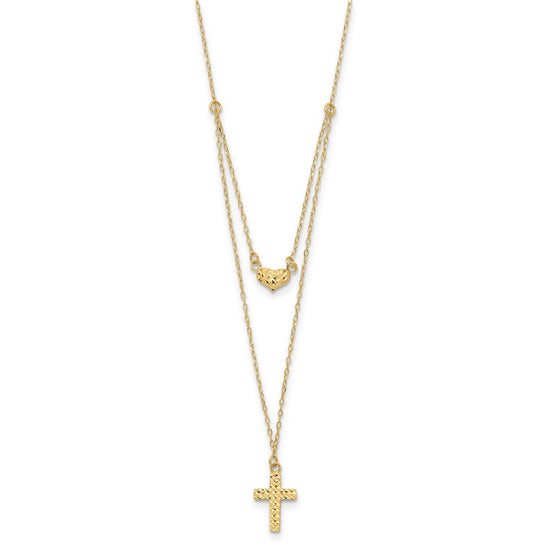 14k Polished 2-Strand Diamond-cut Cross and Heart 16 inch Necklace Plus 2 inch Extender
