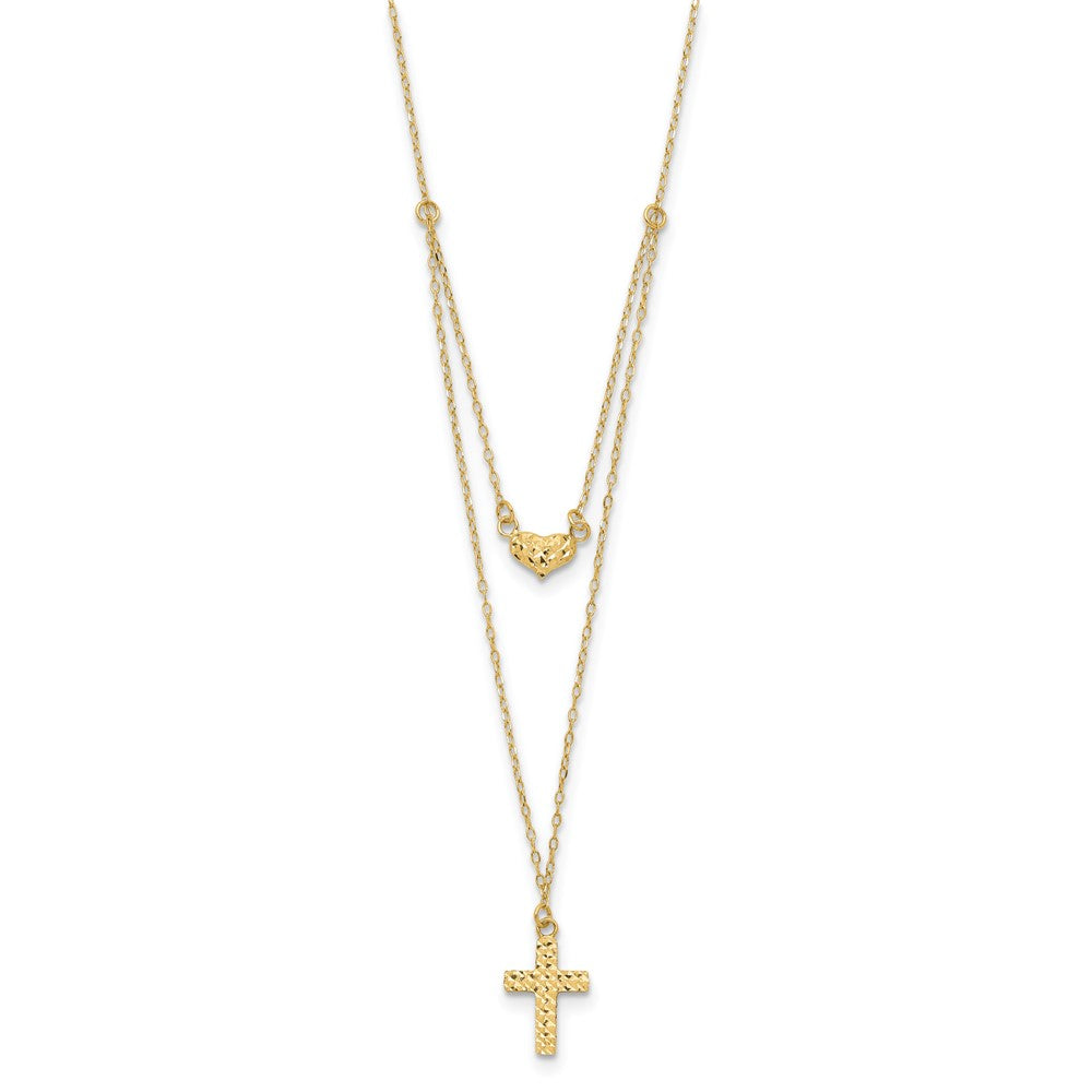 14k Polished 2-Strand Diamond-cut Cross and Heart 16 inch Necklace Plus 2 inch Extender