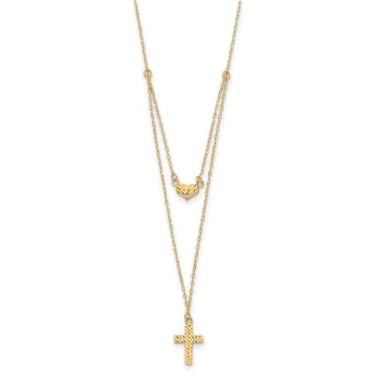 14k Polished 2-Strand Diamond-cut Cross and Heart 16 inch Necklace Plus 2 inch Extender