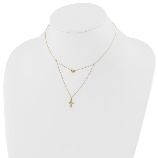 14k Polished 2-Strand Diamond-cut Cross and Heart 16 inch Necklace Plus 2 inch Extender