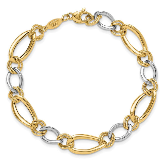 14K Two-tone Polished and Textured Fancy Oval Curb 7.5 inch Bracelet