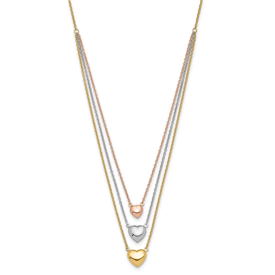 14K Tri-color Three Hearts 16 inch Layered Necklace Plus 1 inch Extender