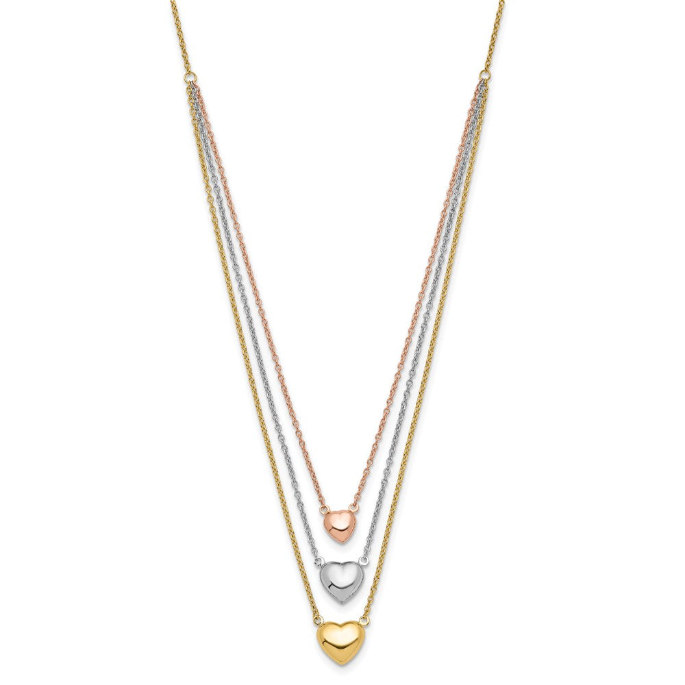 14K Tri-color Three Hearts 16 inch Layered Necklace Plus 1 inch Extender
