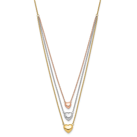 14K Tri-color Three Hearts 16 inch Layered Necklace Plus 1 inch Extender