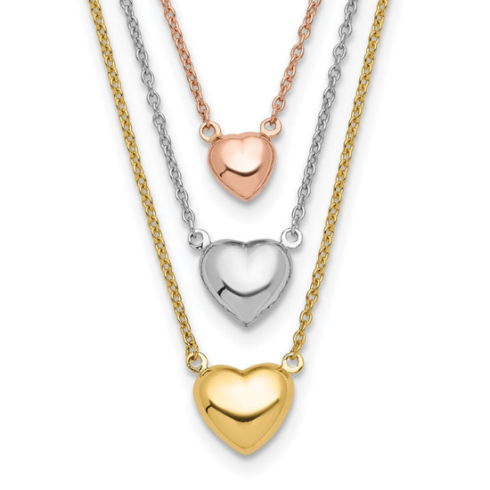 14K Tri-color Three Hearts 16 inch Layered Necklace Plus 1 inch Extender