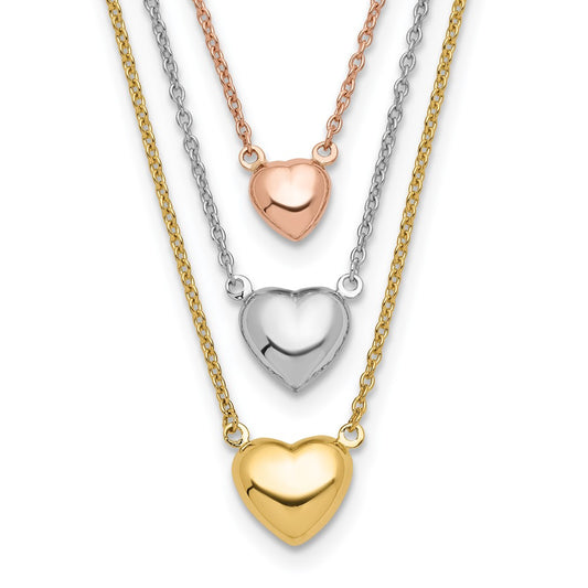 14K Tri-color Three Hearts 16 inch Layered Necklace Plus 1 inch Extender