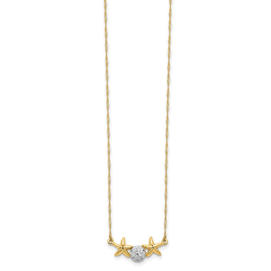 14K with White Rhodium Brushed and Polished Sand Dollar and Starfish 18 inch Necklace