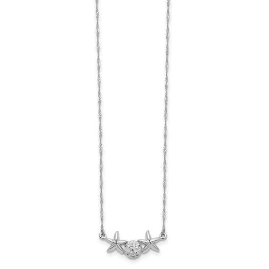 14K White Gold Brushed and Polished Sand Dollar and Starfish 17 inch Necklace