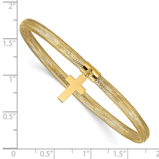 14K 4mm Cross Dangle Woven Mesh Slip-on Stretch Bracelet