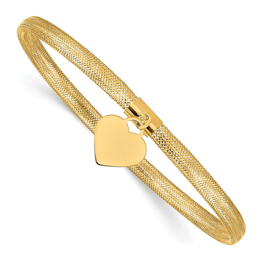 14K 4mm Heart Dangle Woven Mesh Slip-on Stretch Bracelet