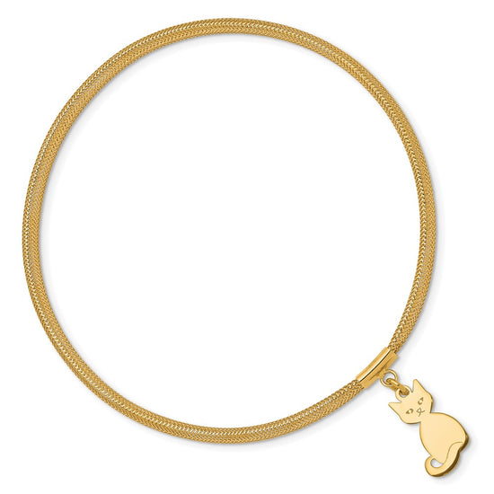 14K 4mm Cat Dangle Woven Mesh Slip-on Stretch Bracelet