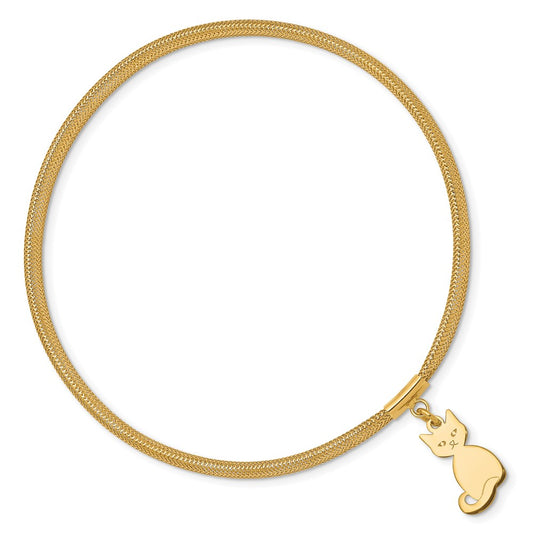 14K 4mm Cat Dangle Woven Mesh Slip-on Stretch Bracelet