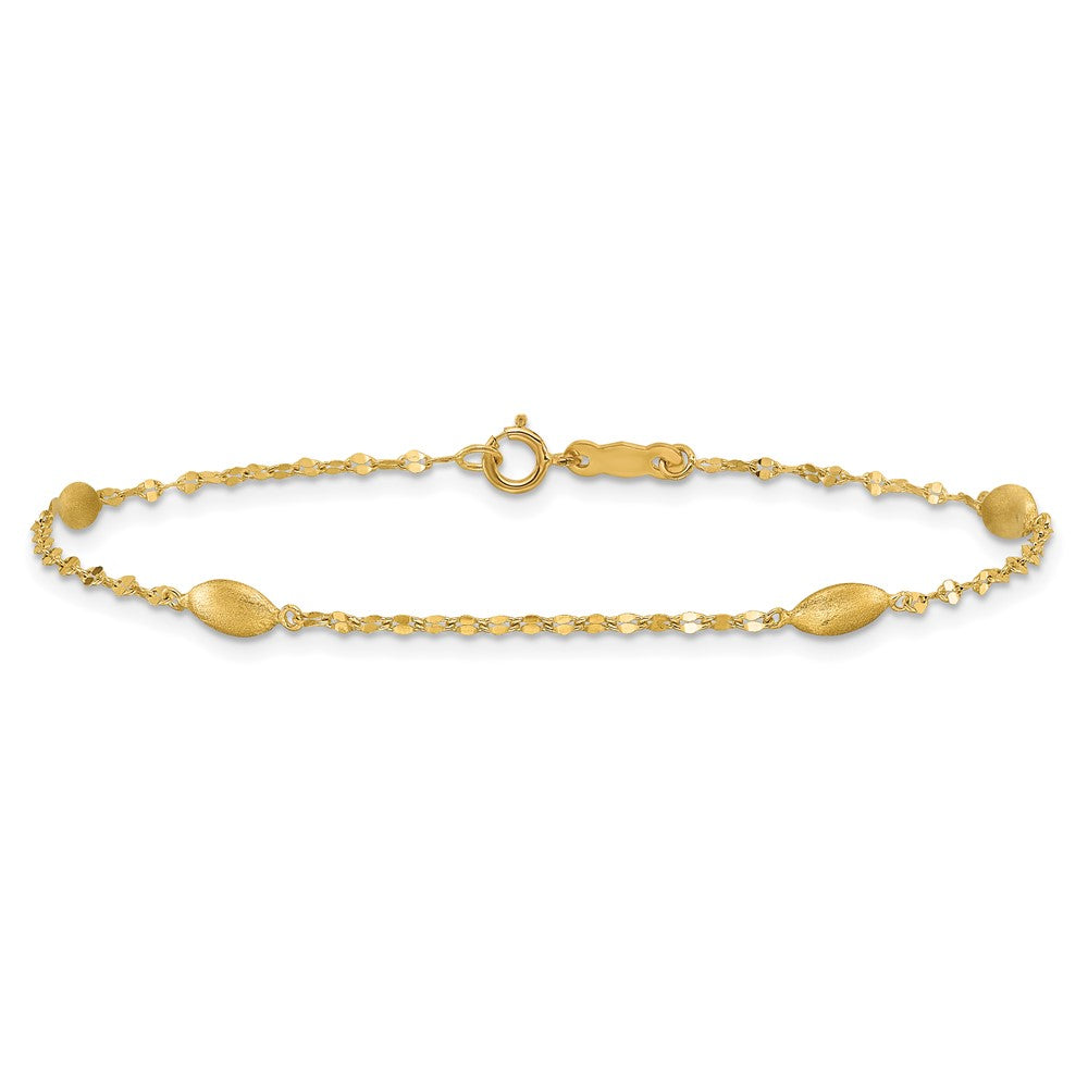 14k Diamond-cut Chain with Satin Oval Beads 7.5 inch Bracelet