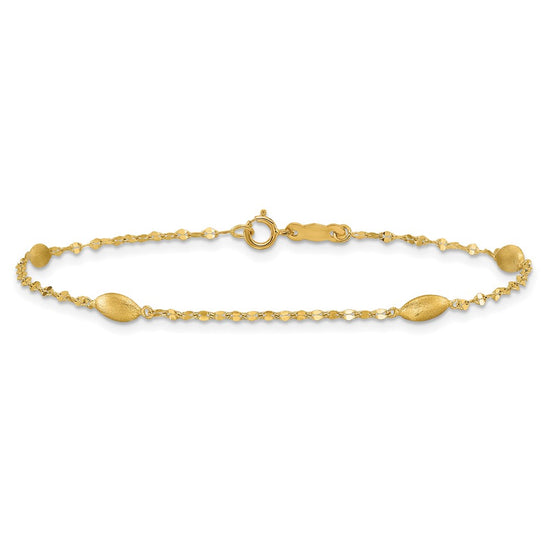 14k Diamond-cut Chain with Satin Oval Beads 7.5 inch Bracelet