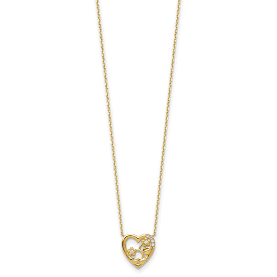 14K Heart with Flowers & CZ with 2IN EXT Necklace