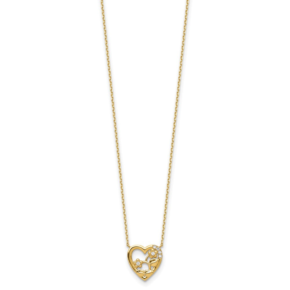 14K Heart with Flowers & CZ with 2IN EXT Necklace