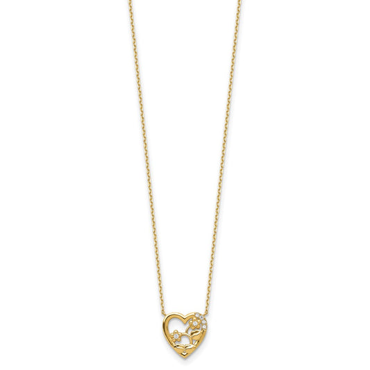 14K Heart with Flowers & CZ with 2IN EXT Necklace
