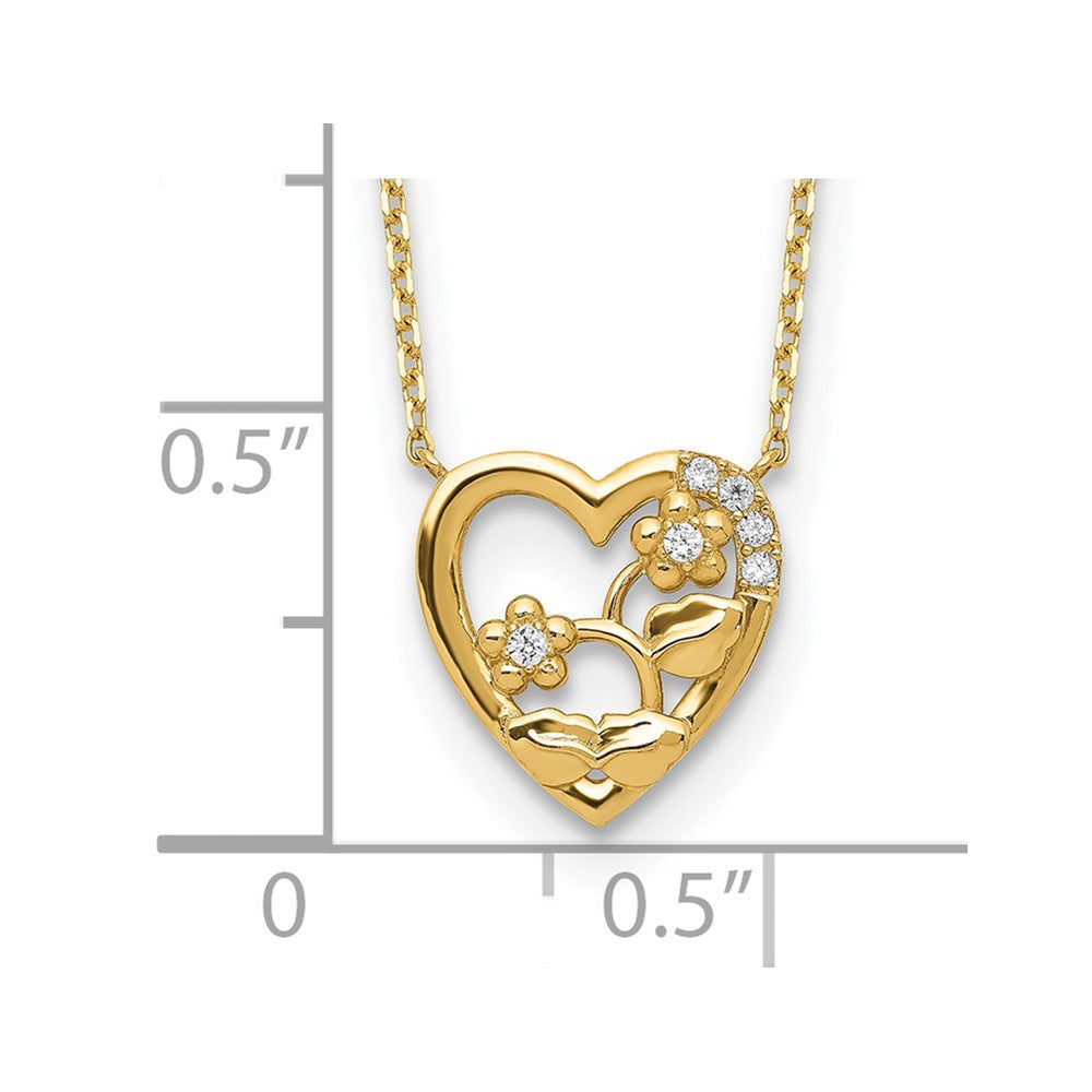 14K Heart with Flowers & CZ with 2IN EXT Necklace