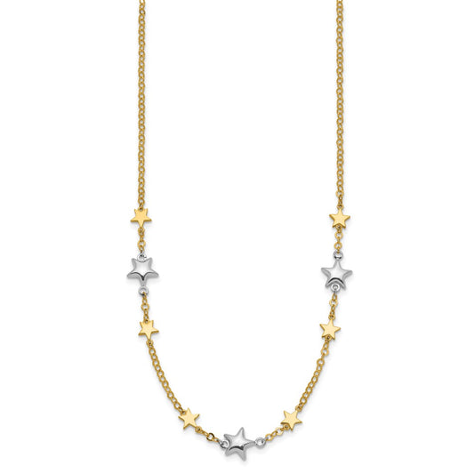 14K Two-Tone Polished Puffed and Flat Stars 17 inch Necklace Plus 1 inch Extender