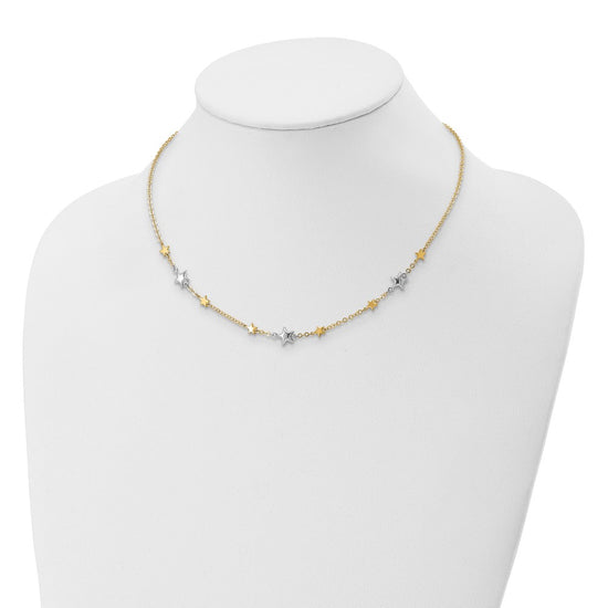 14K Two-Tone Polished Puffed and Flat Stars 17 inch Necklace Plus 1 inch Extender