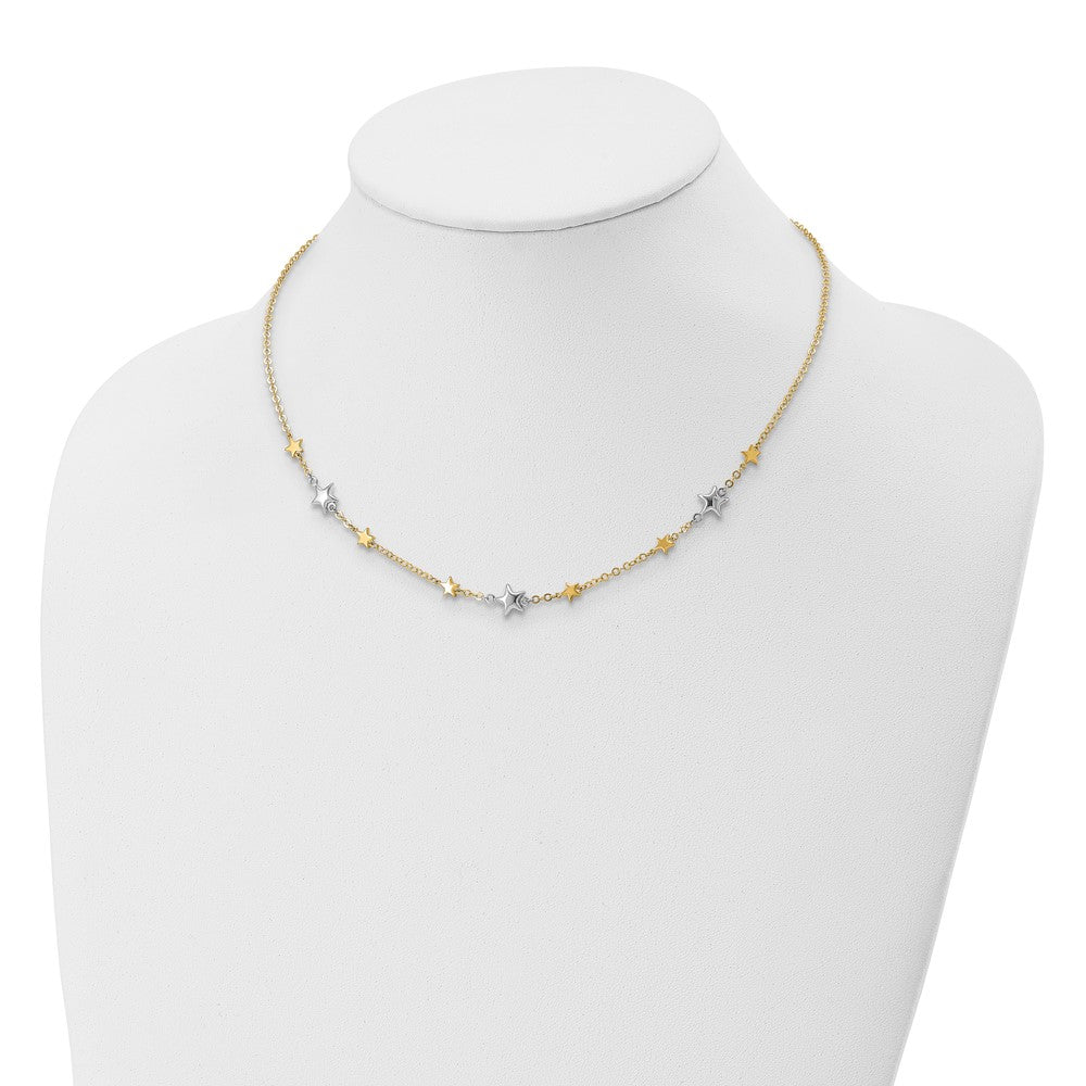 14K Two-Tone Polished Puffed and Flat Stars 17 inch Necklace Plus 1 inch Extender