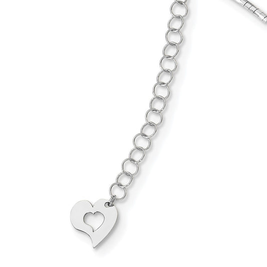 14K White Gold Polished Diamond-cut 1.25mm 18 inch Round Twisted Omega Necklace Plus 2 inch Heart Chain Extender