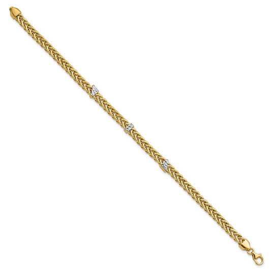 14K and  White Rhodium Polished 3.6mm Diamond-cut Flat Wheat 7.5 inch  Bracelet