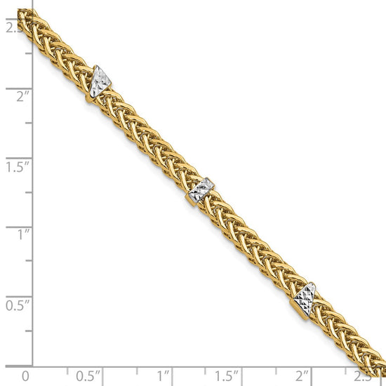 14K and White Rhodium Polished 3.6mm Diamond-cut Flat Wheat 7.5 inch Bracelet