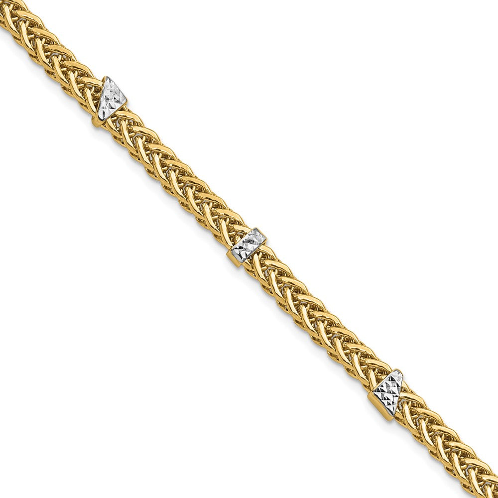 14K and White Rhodium Polished 3.6mm Diamond-cut Flat Wheat 7.5 inch Bracelet