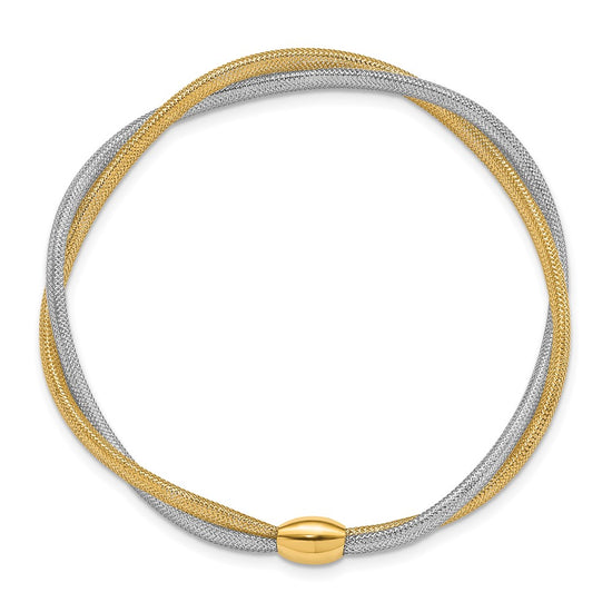 14K with White Rhodium Twisted Woven Mesh Slip-on Stretch Bracelet