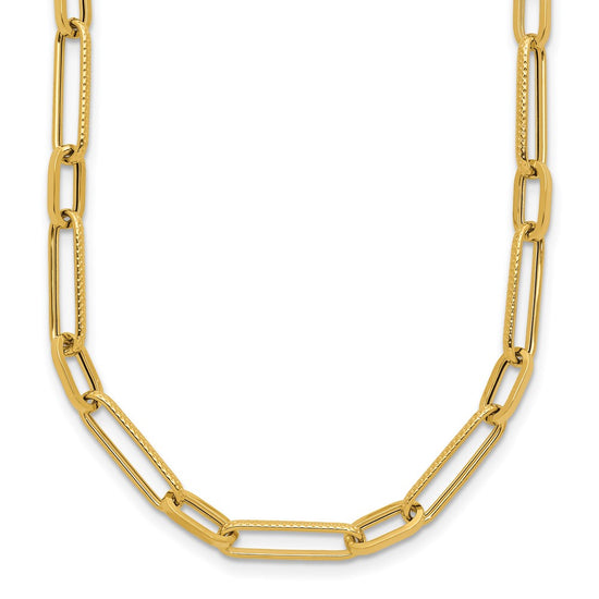 14K Polished and Textured 4mm Fancy Long Link 24 inch Necklace