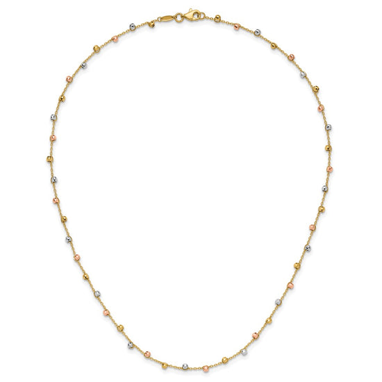 14K Tri-color Polished Diamond-cut Fancy Beaded 18 inch Necklace