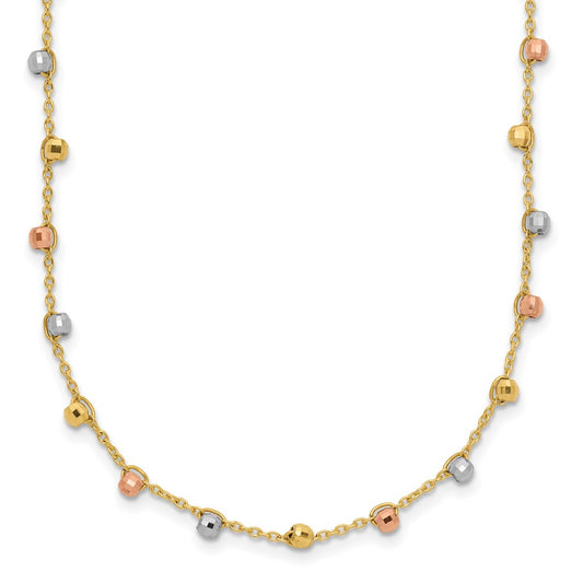 14K Tri-color Polished Diamond-cut Fancy Beaded 18 inch Necklace