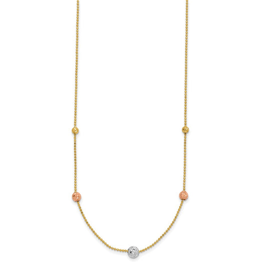 14K Tri-Color Diamond-cut Beads and Beaded Chain 18 inch Station Necklace