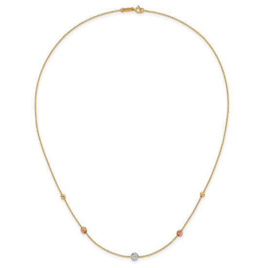 14K Tri-Color Diamond-cut Beads and Beaded Chain 18 inch Station Necklace