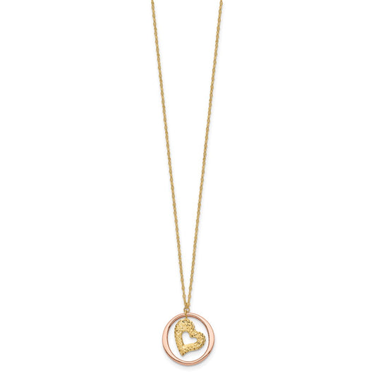 14K Two-tone Fancy Diamond-cut Heart in Open Circle Pendant 18 inch Necklace