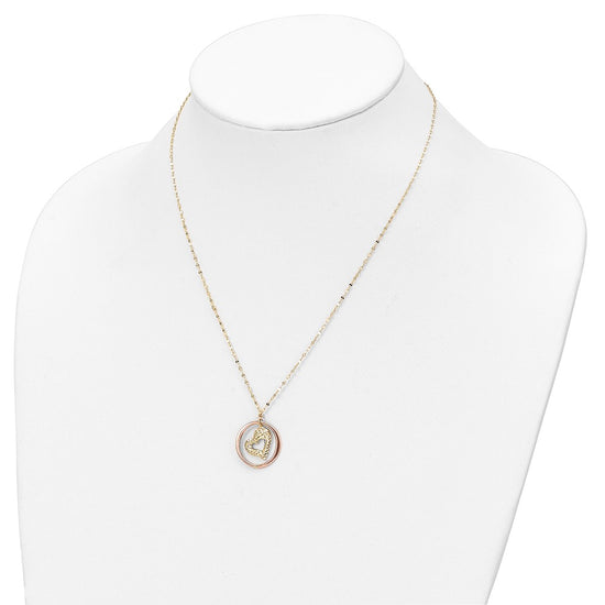 14K Two-tone Fancy Diamond-cut Heart in Open Circle Pendant 18 inch Necklace