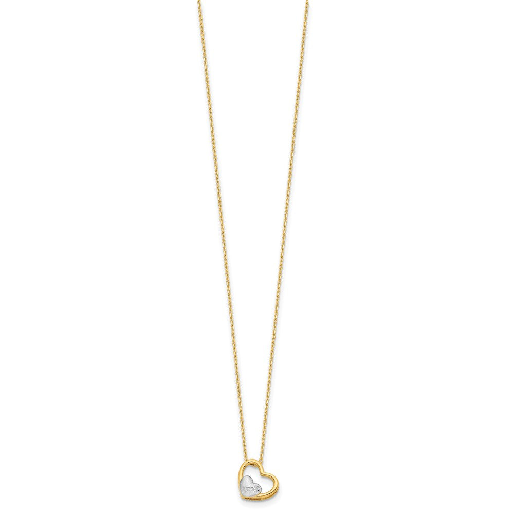 14K and White Rhodium Polished Heart with Satin LOVE Heart 17 inch Necklace
