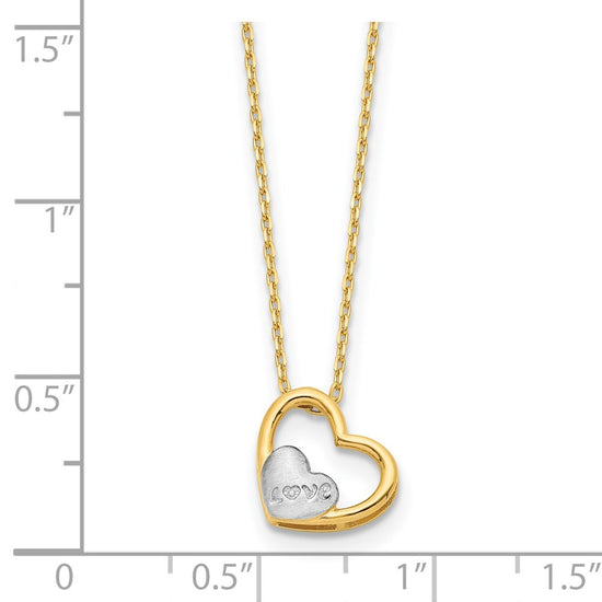 14K and White Rhodium Polished Heart with Satin LOVE Heart 17 inch Necklace