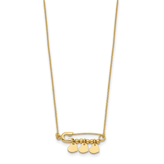 14K Safety Pin with Three Dangle Hearts and Beads 17 inch Necklace