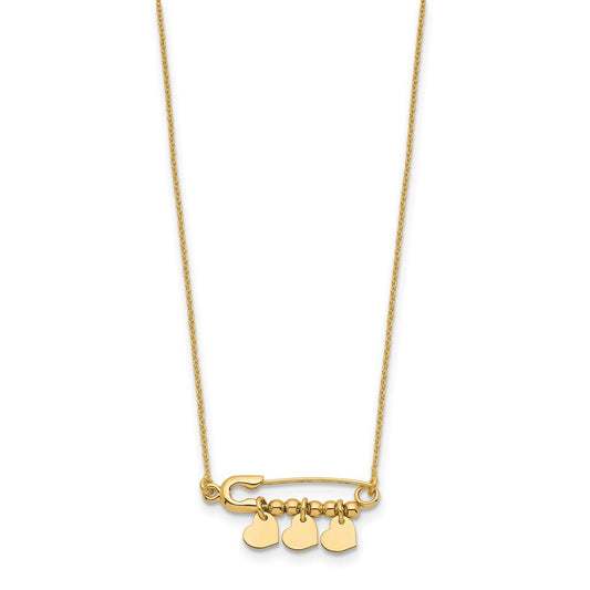 14K Safety Pin with Three Dangle Hearts and Beads 17 inch Necklace