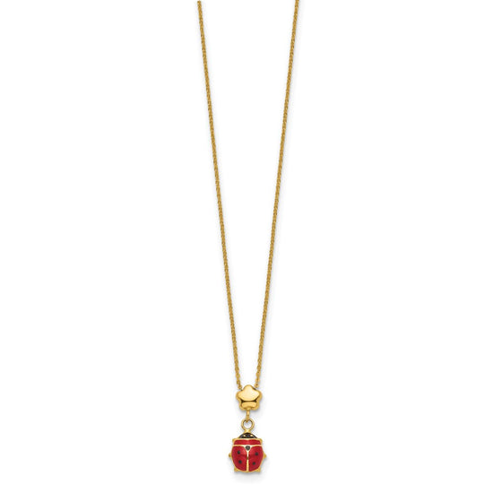 14k Polished Red and Black Enameled Ladybug with Flower Bead 16.5 inch Necklace
