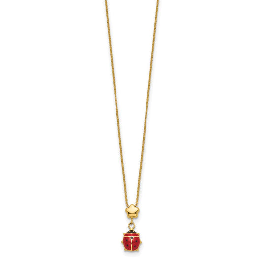 14k Polished Red and Black Enameled Ladybug with Flower Bead 16.5 inch Necklace