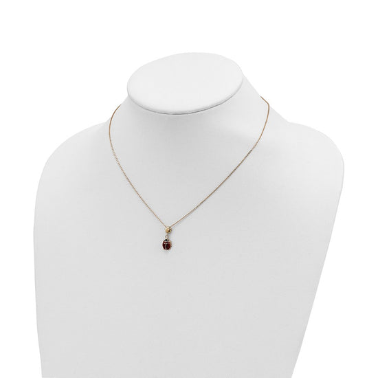 14k Polished Red and Black Enameled Ladybug with Flower Bead 16.5 inch Necklace