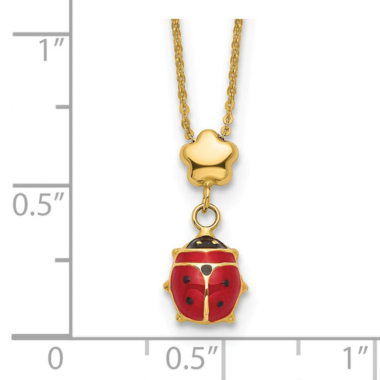 14k Polished Red and Black Enameled Ladybug with Flower Bead 16.5 inch Necklace