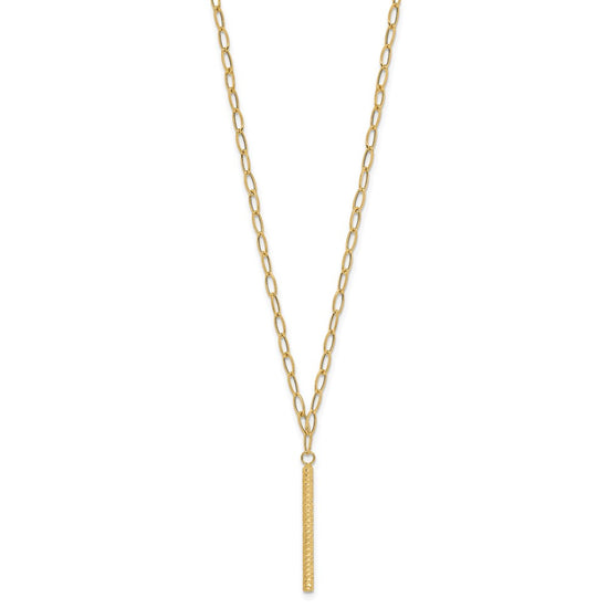 14K Polished Oval Link Chain with Diamond-cut Bar Dangle 18 inch Necklace
