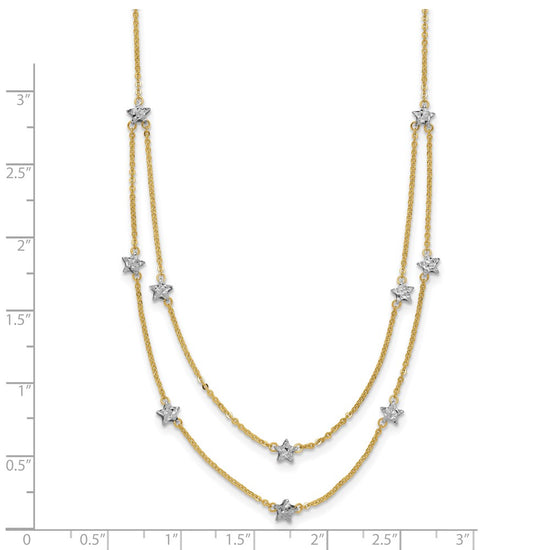 14K Two-tone Double Chain Textured Stars 18 inch Necklace