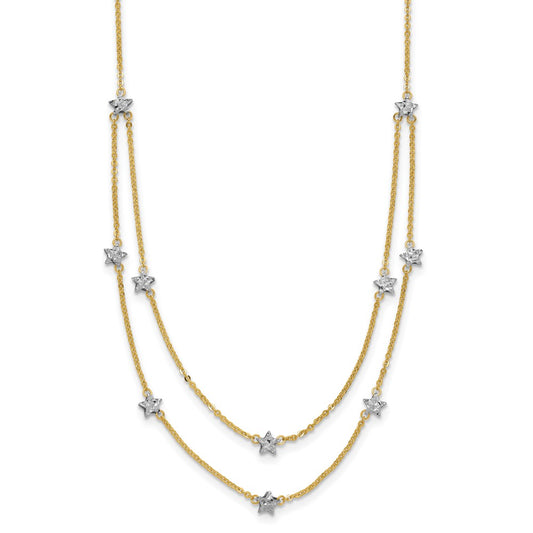 14K Two-tone Double Chain Textured Stars 18 inch Necklace